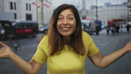 Middle aged hispanic woman in yellow shirt with hand on chin adopting pensive pose on city street...