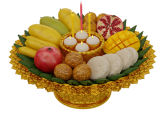 Beautifully arranged fruit and sweet offering tray isolated on transparent background