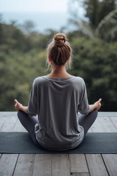 Paisaje tropical con mujer meditando en posici&oacute;n de loto para equilibrio y bienestar