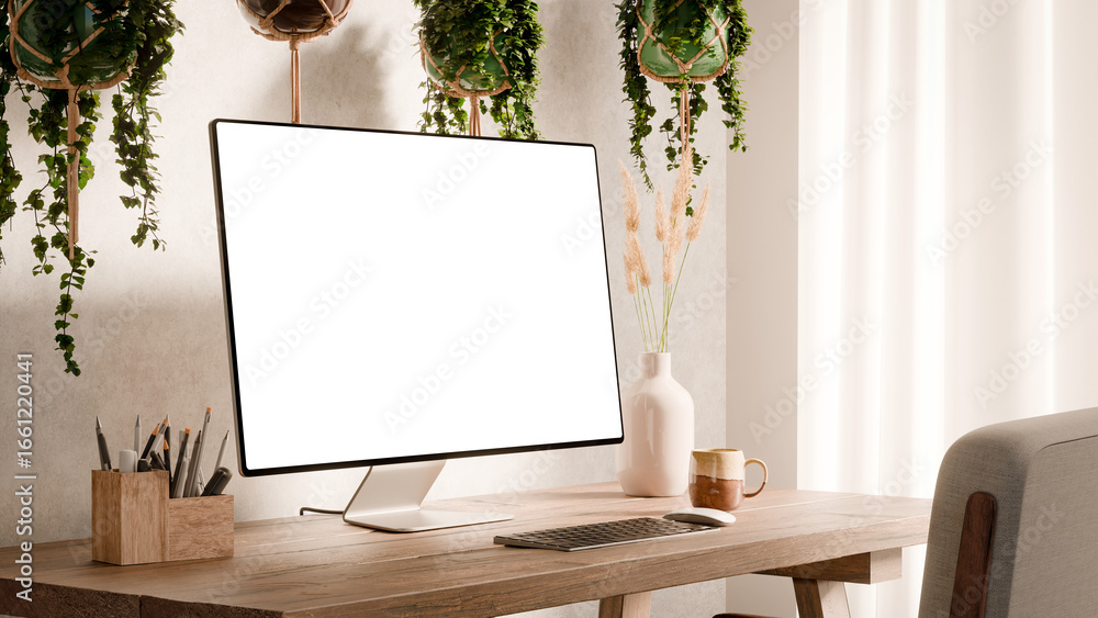 Poster computer monitor with blank screen mockup on a wooden desk - modern workspace in boho style surround