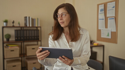 Fototapeta premium Woman wearing glasses sits at desk and holds tablet with both hands in office building; calm concentration.