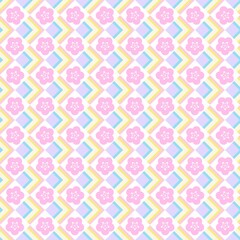 A delightful and charming seamless pattern featuring a whimsical mix of geometric chevrons and sweet pink blossoms.