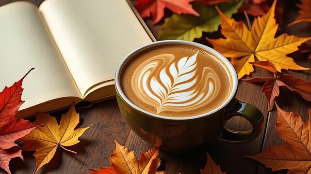 Cozy autumn scene with latte art coffee and open book surrounded by colorful fall leaves