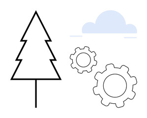 Tree, two gears, and a cloud illustrating harmony between nature and innovation. Ideal for sustainability, environment, technology, balance, growth, ecology minimalism simple landing page