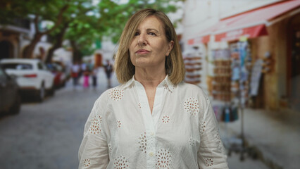 Middle aged woman arm extended showing open palm stop gesture with firm expression on sunlit city...