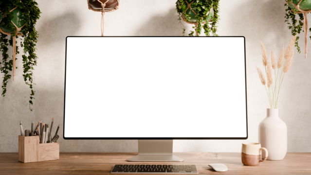 Computer monitor with blank screen mockup on a wooden desk - modern workspace in boho style surrounded by hanging plants and minimalist decor - Front Side Middle Perspective