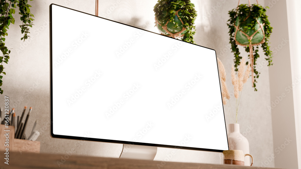Poster computer monitor with blank screen mockup on a wooden desk - modern workspace in boho style surround