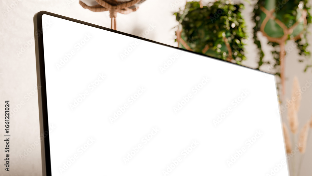 Poster computer monitor with blank screen mockup on a wooden desk - modern workspace in boho style surround