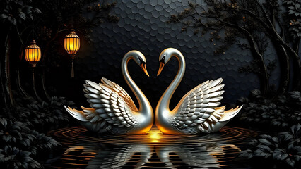 swan pair floating on a glowing forest river, lantern light, Wall decor 