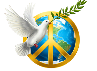 White dove carrying olive branch over planet earth with peace symbol isolated on transparent background