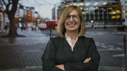 Judge woman in black robe stands with arms crossed on a wet city street under gray overcast sky;...