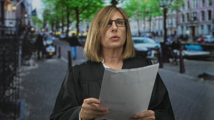 Caucasian woman judge holds legal document and reads aloud on cobblestone street; justice solemnity...