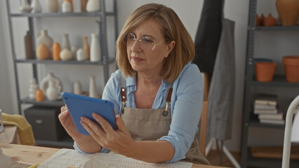 Woman holding tablet and stylus in studio with ceramic vases and pottery tools; creative...