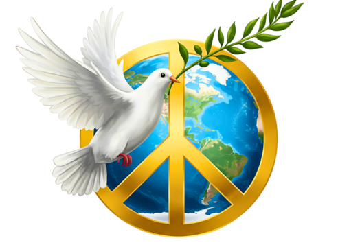 White dove carrying olive branch over planet earth with peace symbol isolated on transparent background