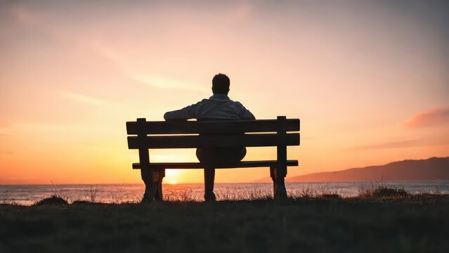 Silhouette of a man on the beach sitting on a wooden bench at sunset