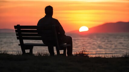 Obraz premium Silhouette of a man on the beach sitting on a wooden bench at sunset