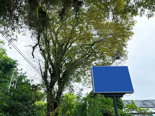 A blue blank billboard standing outdoors near a large tree