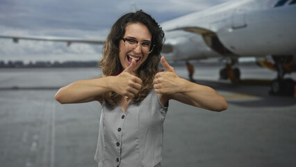 Hispanic woman wearing glasses gives thumbs up at airport terminal under grey cloudy sky; optimism.