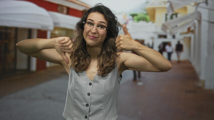 Woman wearing glasses with hesitant face shows contrasting thumb up and thumb down gesture on busy...