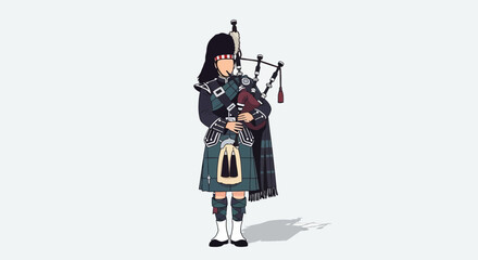 Illustration of scottish bagpiper with kilt and traditional uniform attire