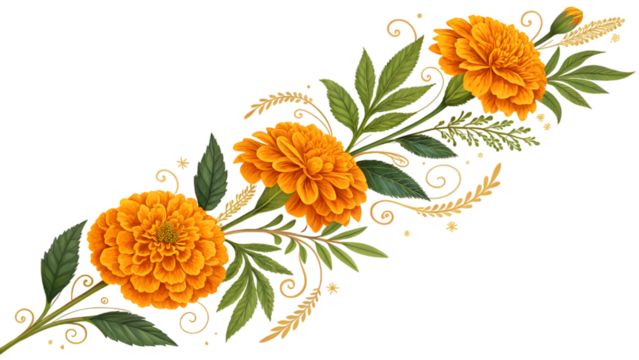 decorated marigold flower isolated on transparent background