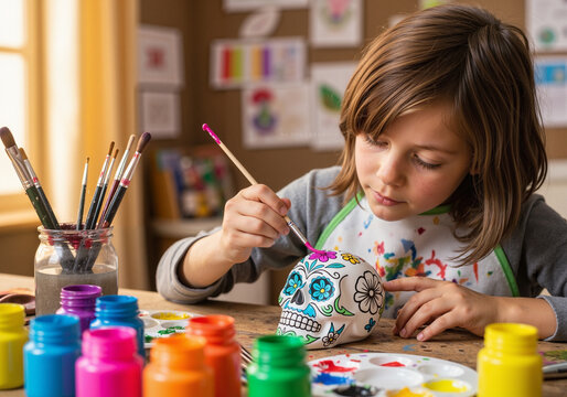 Young girl painting a colorful skull in art studio with vibrant paint