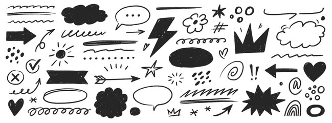 Highlight bubble speech set. Hand drawn crayon speech bubble, chalk highlight, marker arrow element for comic text and notes. Doodle sketch decoration heart, cloud frame. Vector illustration © Polina Tomtosova