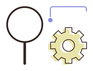 Magnifying glass next to gear with connecting line illustrating analysis, problem-solving, process improvement, or system operations. Ideal for search, workflow, optimization, research, innovation