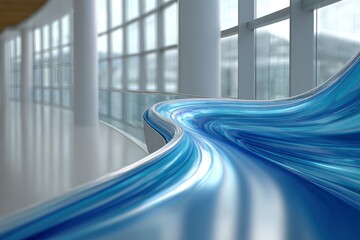 Abstract blue swirl in a bright hallway with large windows and white pillars