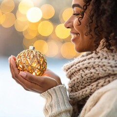 Naklejka premium A joyful woman in a knit sweater holding a golden Christmas bauble with sparkling bokeh lights in the background. Festive happiness captured in a holiday glow. Generated image