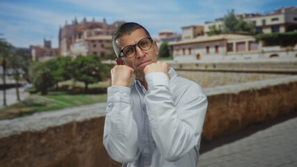 Fototapeta premium Caucasian man in a defensive boxing stance wearing glasses captures attention on a scenic outdoor street setting with historical architecture in the background.