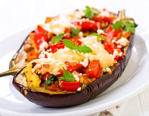 Stuffed eggplant with cheese and vegetables
