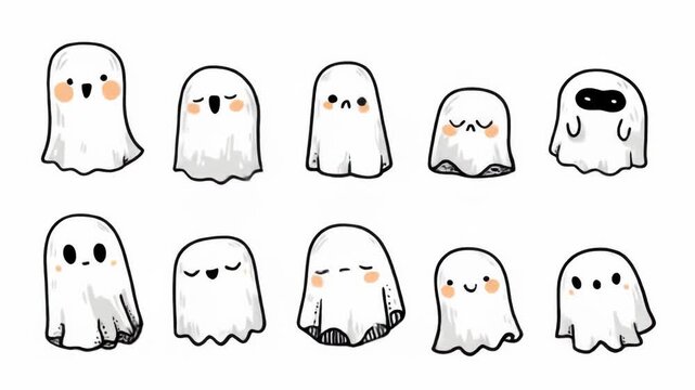 Adorable array of ten cartoon ghosts with various cute expressions