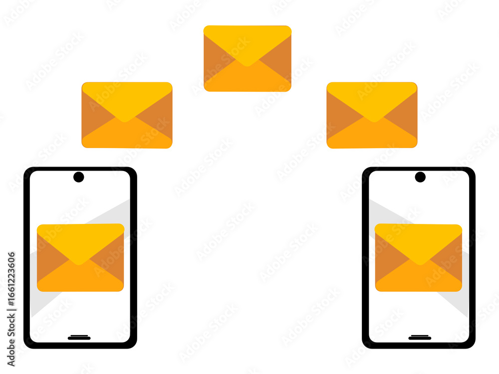 Poster sending email from one smartphone to another with flying email icon. mobile email transmission. smar
