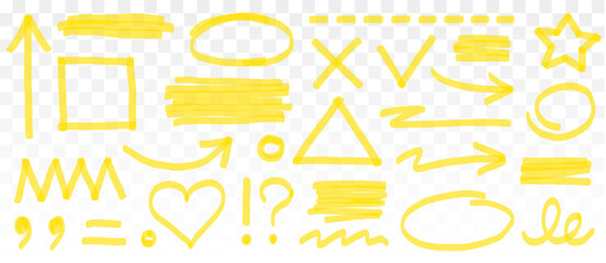 Highlight marker yellow set. Yellow underline mark with hand drawn marker stroke and sketch brush texture. Arrow paint scribble shape, check mark, and pen rectangle frame set. Vector illustration