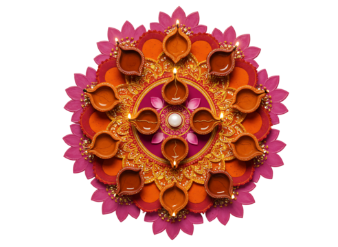 Traditional indian diya arrangement for diwali celebration isolated on transparent background - Powered by Adobe