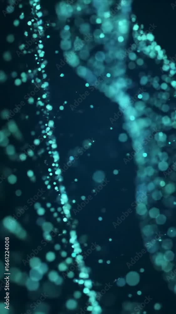Poster a mesmerizing abstract animation of countless luminous particles, predominantly glowing teal and ele