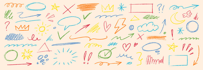 Naklejka na ściany i meble Pencil color crayon line element set. Hand drawn scribble chalk pencil stroke colorful swirl, flower, cloud and arrow shape with crayon rough texture. Children paint background. Vector illustration