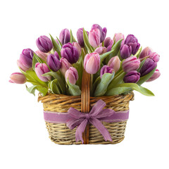 Obraz premium Colorful Tulip Flowers Arrangement in a Basket with Ribbon