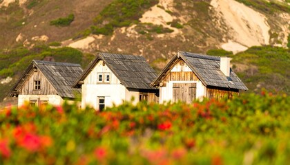 Abandoned Houses Amidst Colorful Flora in a Serene Landscape