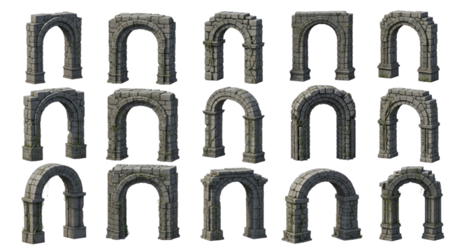 Variety of Ancient Stone Archways With Weathered Texture in Transparent