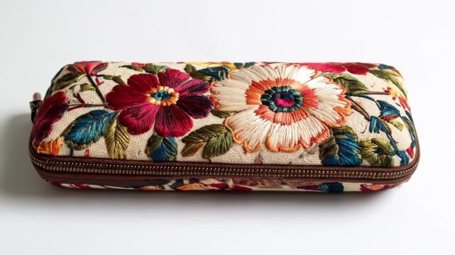 Floral Embroidered Pouch with Zipper Closure featuring Red and White Flower Accents on a Beige Textile Background Decorative Handmade and Vintage Craft