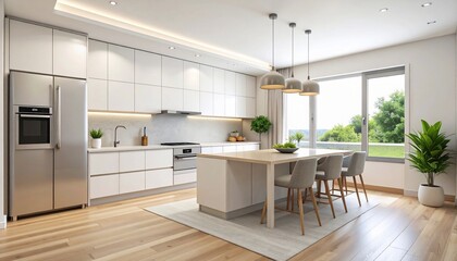Fototapeta premium Modern Kitchen Interior Design with Island and Natural Light, a Luxurious Aesthetic