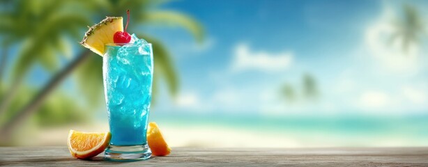 The Blue Tropical Cocktail on a Sunny Beach Table by Palm Trees