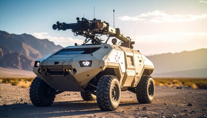 Military vehicle with weapon system in desert landscape.