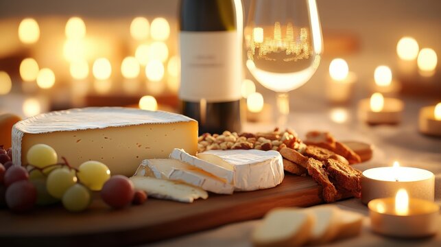Cheese board with wine, grapes, nuts, and candlelight