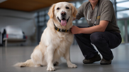 Retriever sitting proudly with vet stroking its back