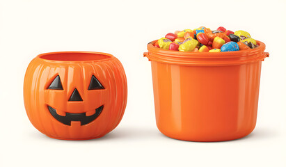 Vector illustration of a jack-o'-lantern style, orange Halloween candy bucket, both full and empty.