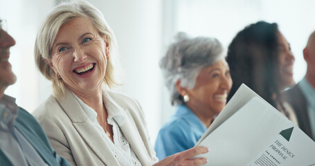 Obraz premium Audience, file and laughing with business woman in convention center for seminar or workshop. Conference, design proposal and funny with group of employee people in auditorium for presentation