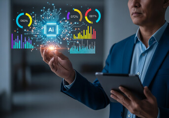 Data Explorer: A futuristic businessperson engages with interactive digital AI data visualization. Highlighting innovation, technology, data analysis, and the future of connectivity.